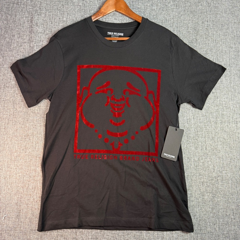 True Religion Buddha Face Graphic‎ Tee Jet Black Red Velvet Print Mens M NWT